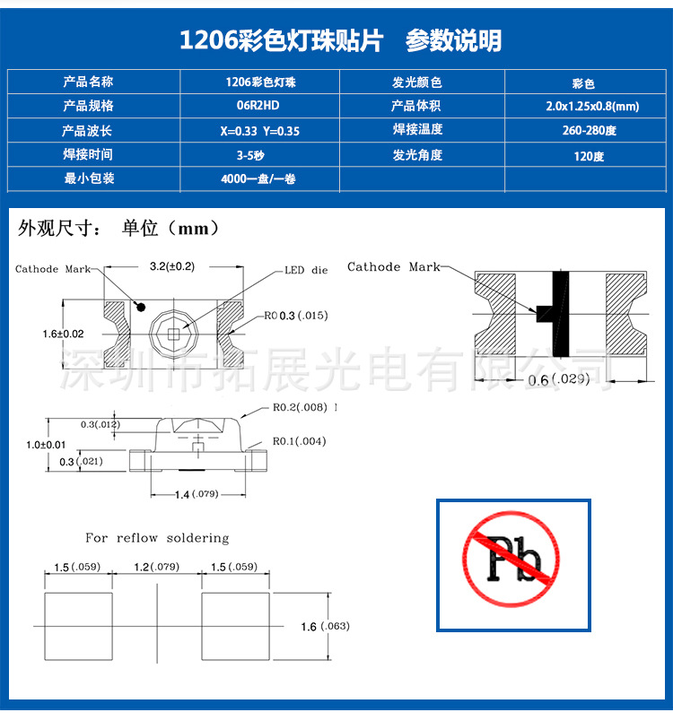 1206暖白led發(fā)光二極管參數說明